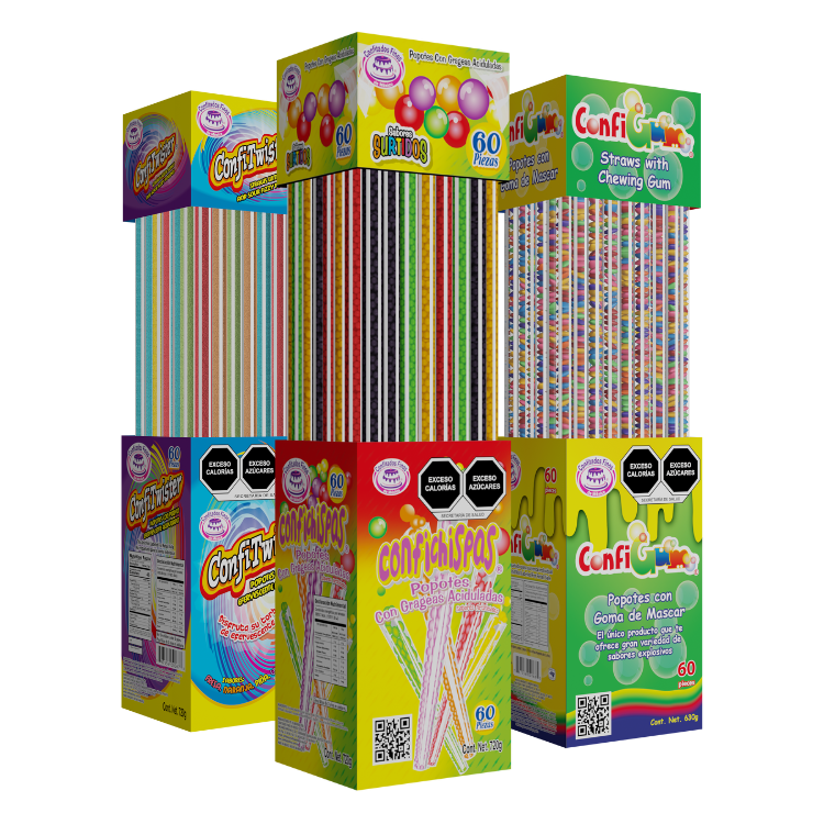 Cajas de popotes con dulces de colores surtidos